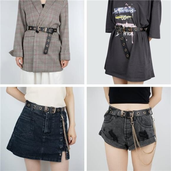 Leather Grommet Belt – Adjustable Punk Rock Waist Belt with Chain, Unisex - Picture 4 of 5